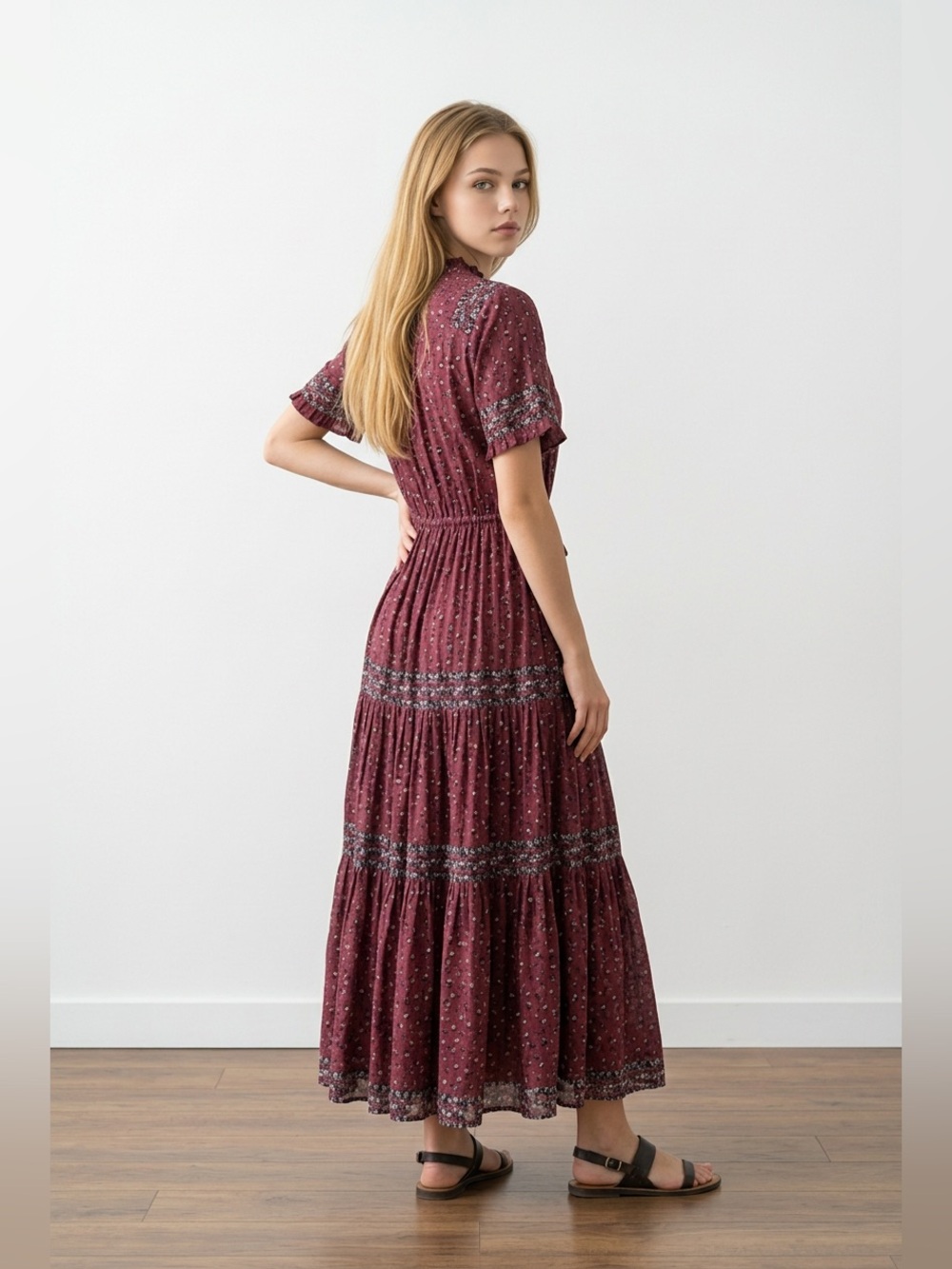 Free People Rare Feelings Burgundy Floral Tiered Maxi Dress with Tie Waist - Picture 3 of 11